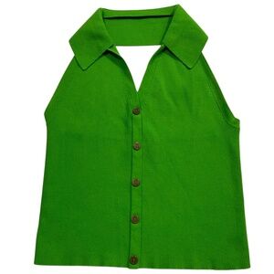 Tommy Hilfiger Womens Green Ribbed Polo Halter Sleeveless Sweater Large